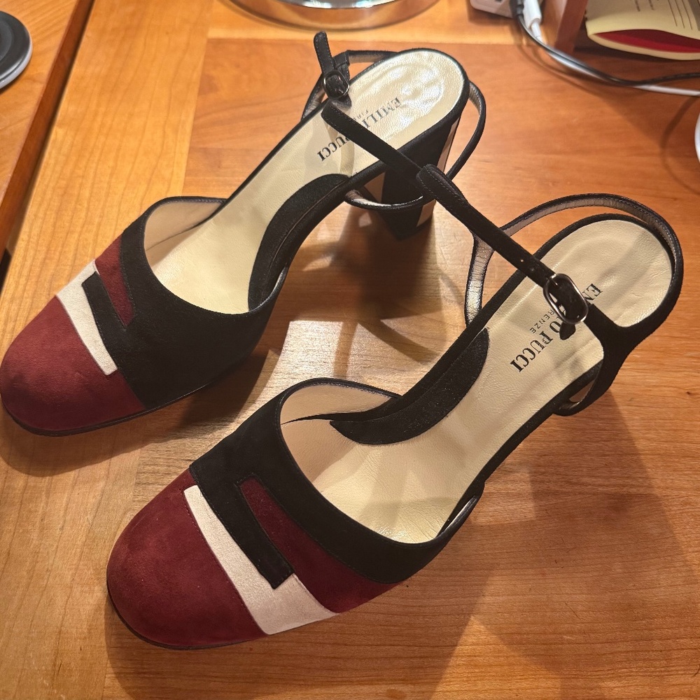 Emilio Pucci Italian Suede Colorblock Block Heel Slingbacks Size 39